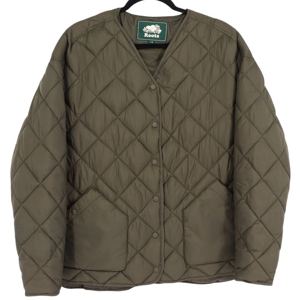 Roots Women's Diamond Quilted Snap Puffer Jacket Size Large Olive Green